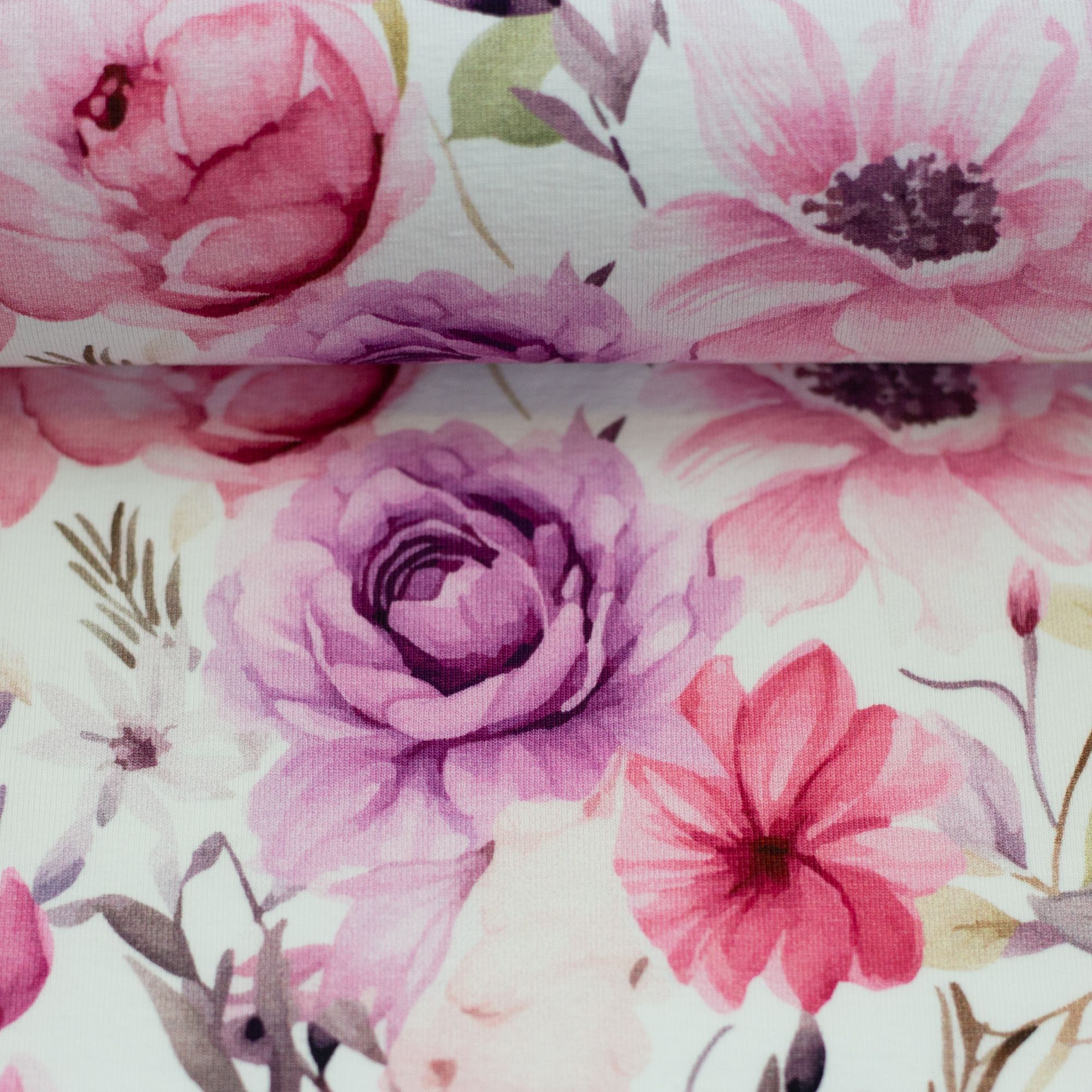 BOMULDSJERSEY - STORE FLOTTE BLOMSTER, LAVENDEL FARVET