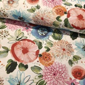 BOMULD -  POPLIN - BLOMSTER ORANGE, BLÅ